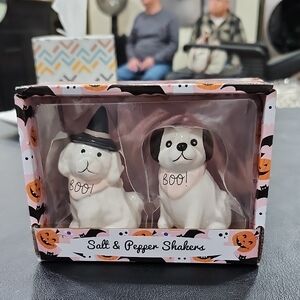 LITTLE VILLAGE by TRANSPAC CERAMIC HALLOWEEN DOG SALT and PEPPER SHAKERS SET